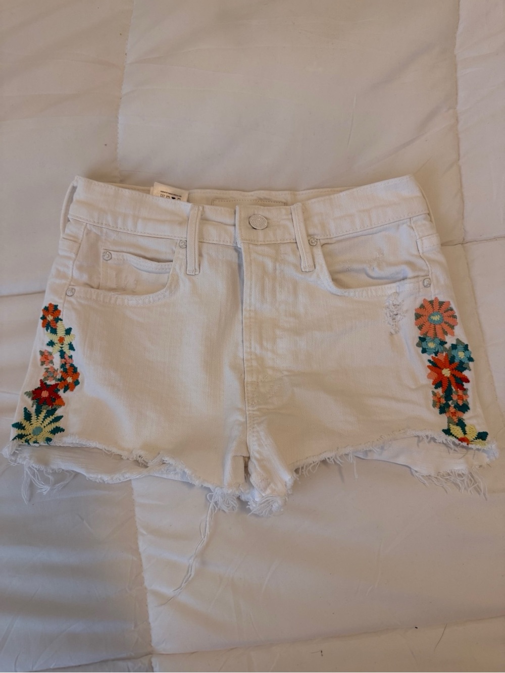 MOTHER White Denim Shorts with Multicolor Floral Embroidery